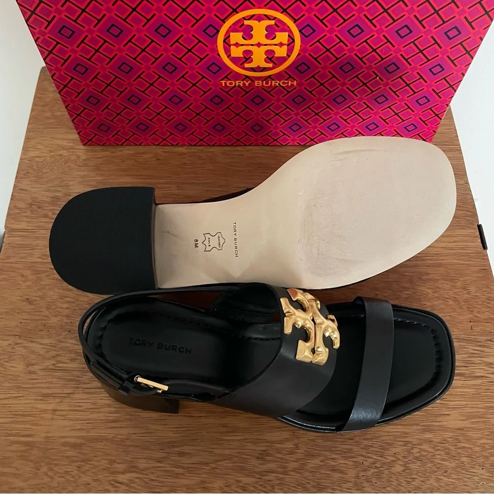 Brand New 💜 Tory Burch Black and Gold Block Heel Sandals - Picture 12 of 13